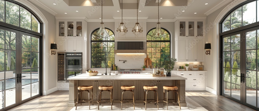 Poster 3d rendering showing large white kitchen with island and all necessary appliances. wooden bar stools