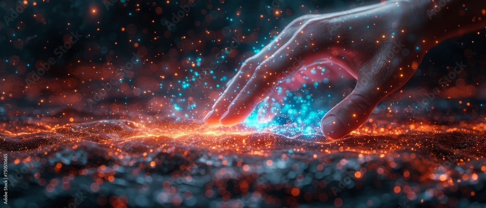 Aufkleber artificial intelligence global network, hologram with light and palm of hand glowing in blue and red