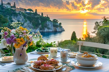 table set for a breakfast against a breathtaking backdrop of summer sunrise on Italian riviera - obrazy, fototapety, plakaty