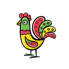 bright bird rooster cartoon, vector illustration hand drawn