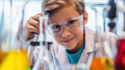 boy in laboratory glasses are engaged in scientific activities, experimenting with different liquids in test tubes