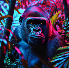 Neon Gorilla.  Generated Image.  A digital rendering of a large male gorilla in a rainforest with stylized neon lighting.