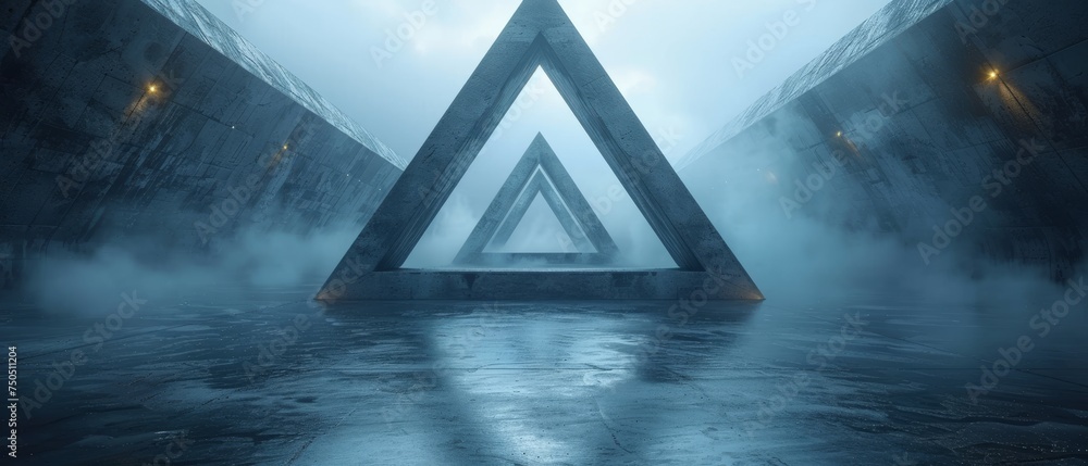 Leinwandbilder This is a 3D rendering of a sci-fi tunnel depicting a futuristic triangle spaceship corridor with a dark abstract theme.