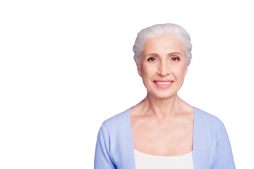 Grey haired old nice beautiful confident pleasant smiling woman. Copy blank empty space. Isolated over violet purple background