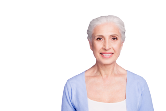 Grey haired old nice beautiful confident pleasant smiling woman. Copy blank empty space. Isolated over violet purple background