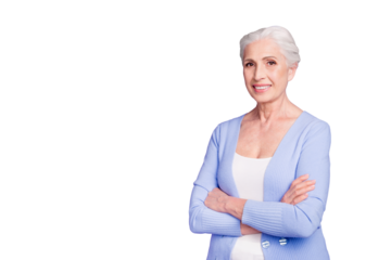 Grey haired old nice beautiful smiling woman with crossed hands, copy blank empty space. Isolated over violet purple background