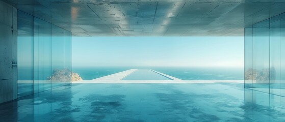Rendering of abstract futuristic glass architecture with bare concrete floor...