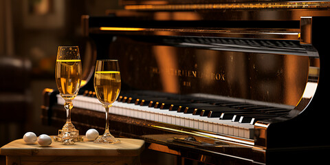 Old Piano Keys Blooming with Family Musical Traditions  and Champagne  for drink and enjoy  - obrazy, fototapety, plakaty