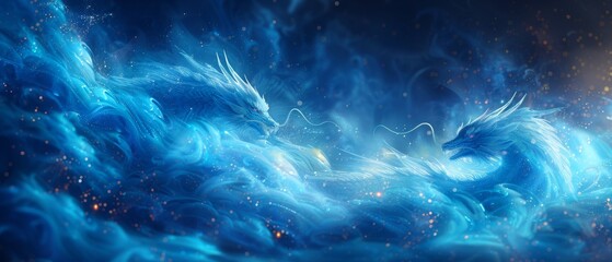 The background is dominated by abstract flying dragons on a dark blue background. This would be a great background for a design on the topic of artificial intelligence, neural networks and big data.
