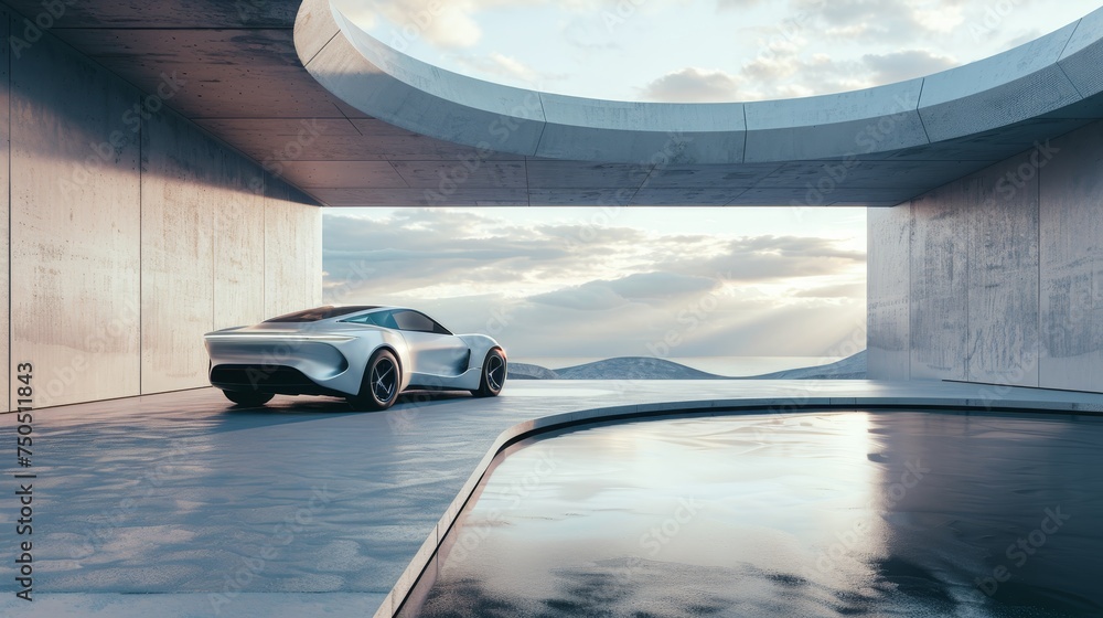 Poster a 3d render of abstract futuristic architecture with a concrete floor. a car presentation.