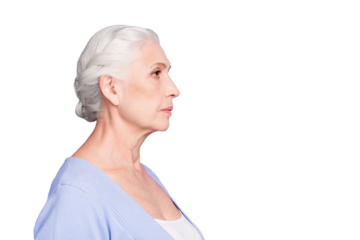Side profile view portrait of beautiful nice content serious gray-haired old lady wearing casual. Isolated over pastel violet purple background