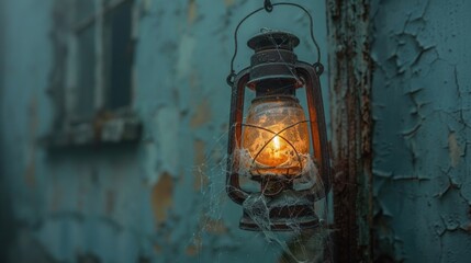 A close-up of an old, flickering lantern hanging in a foggy, abandoned building, with peeling paint and cobwebs, setting the scene for ghostly encounters and paranormal investigations