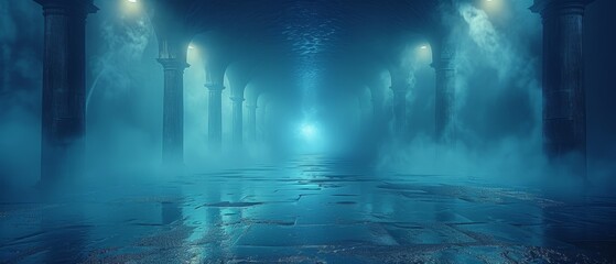 There is an empty dark scene, neon lights in the sky, reflections of rays in the water, and an abstract dark blue background, smoke, and smog in the air.