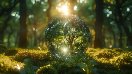 Fototapeta na wymiar Sunlight On Globe Glass In Green Forest Concept
