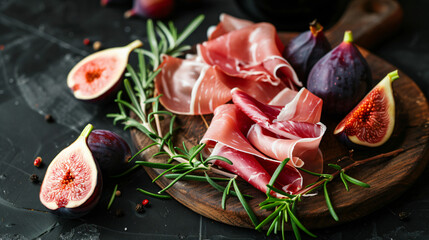 Prosciutto with figs red wine and rosemary on a dark