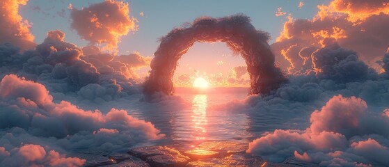 3D rendered podium with a dreamlike natural skyline, framed by a stone arch and against a cloudscape backdrop - obrazy, fototapety, plakaty