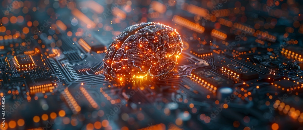 Aufkleber Data mining, deep learning, and artificial intelligence are contemporary computer technologies. An image of a brain is represented by printed circuit boards (PCB) instead of a computer screen.