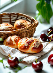 Obraz na płótnie Canvas homemade buns with cherries in a basket. Selective focus.