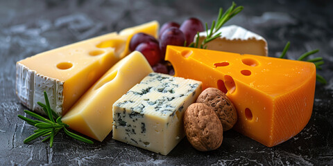 Different kinds of cheese with nuts and grape. Piece of cheddar and blue cheese