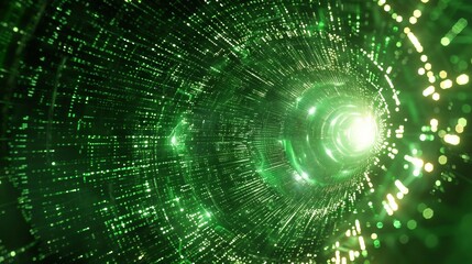 A matrix background featuring a dynamic flow of green binary code through a circle gateway.