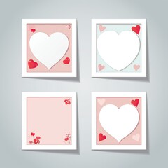 Valentine's day romantic cards with blank set photo picture frames. Greeting valentines template. Photo for memory. Vector mockup illustration
