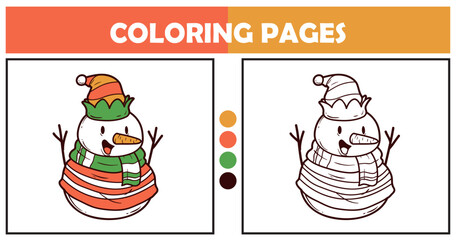 Red and yellow snowman character coloring pages for kids vector illustration