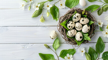 Quail eggs in a nest on green leaves on a white wooden - Powered by Adobe