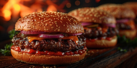 Many cheeseburgers with barbecue sauce and fire flames in background
