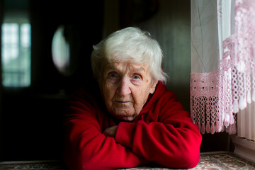 Portrait of a sad elderly gray-haired woman.