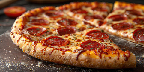 Pepperoni pizza slice with delicious cheese and tasty crust closeup