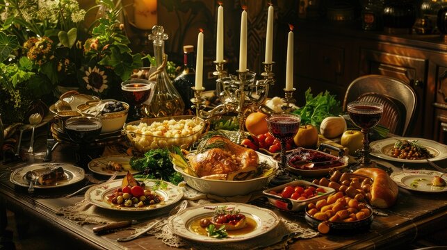 a Sunday supper in an inviting home setting, with a beautifully set table adorned with delicious dishes and drinks, evoking a sense of coziness and togetherness.