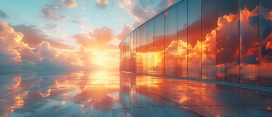 3D rendering of cloud reflection in curved glass office building.