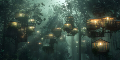 A house in the forest with a moon on the bottom, Fantasy houses in misty forest fairy tale huts on trees 
