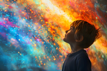 World autism awareness day, Images of children with autism holding their energy standing and looking at the colorful wall exploded in abundance - obrazy, fototapety, plakaty