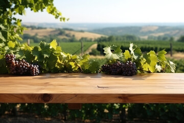 Empty wooden table for product demonstration and presentation on the background of a vineyard. Ripe grapes lie on the side of the table.The concept of harvest, winemaking. Mock up.Copy space. - obrazy, fototapety, plakaty