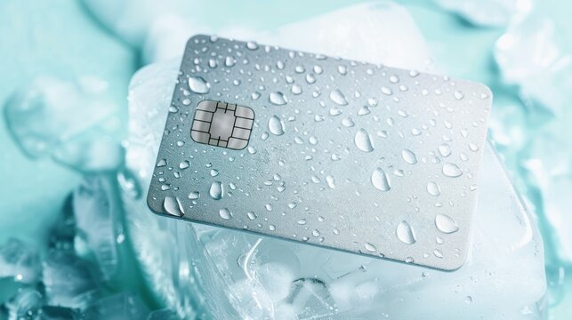 silver credit card frozen in ice, concept of frozen bank account and frozen funds or assets