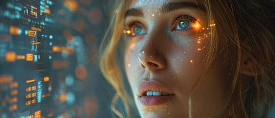 A businesswoman looks at the screen of a futuristic interface.