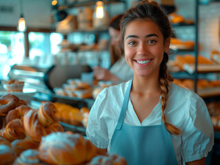 A smiling woman standing on a counter in a bakery