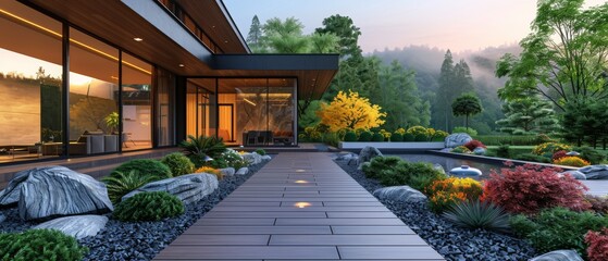 A 3D rendering of a modern house with a wooden deck floor for the patio and entryway. - obrazy, fototapety, plakaty