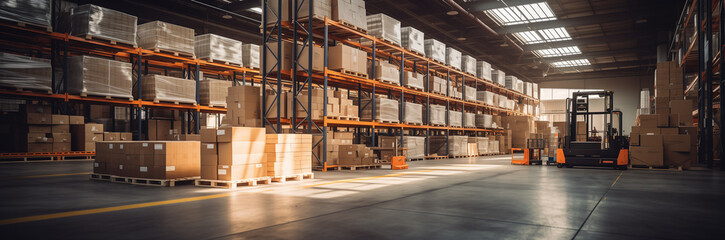 Warehouse industrial and logistics companies. Commercial warehouse. Huge distribution warehouse with high shelves. Low angle view, ultra-wide angle