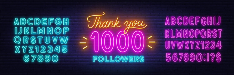 Neon message Thank You 1000 Followers on brick wall background. Template with numbers to celebrate the increase in blog subscribers