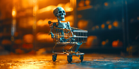 Creepy Halloween Scene , Skeleton Relaxing Amidst Vibrant Orange Pumpkins in Shopping Cart on Haunting Background - obrazy, fototapety, plakaty