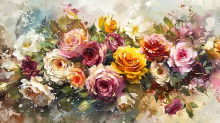 a flower bouquet adorned with rich colors, a lavish arrangement of roses and Persian buttercup flowers amidst a sea of white roses and touches of yellow, with ample empty space for text.