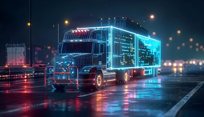 Neon blue holographic semi-truck on a wet urban road at night with bokeh lights.