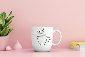snapshot of a minimalist lifestyle with a focus on a white mug showcasing a line art of a steaming coffee cup