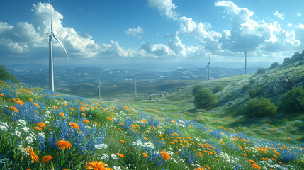 Landscape with serene wind farm amidst blooming wildflowers for renewable and green energy 