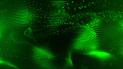 Fototapeta na wymiar Beautiful abstract green particles flowing and dot wave technology background with green light digital effect corporate concept