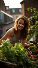 A Happy Woman collects Fresh Vegetables and Herbs in the Communal City Garden on the Roof. Agriculture, Harvest, Summer, Autumn, Organic Products, Healthy Food, Farming concepts.