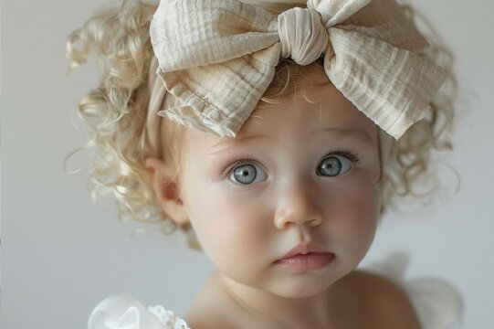 create a clear, high-resolution image of a blonde, curly baby with a big bow on his head