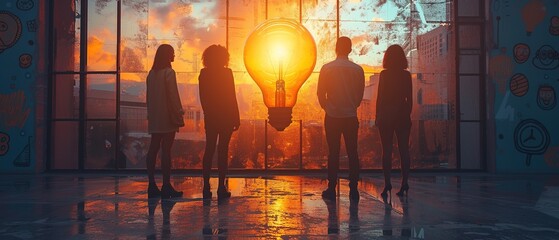 Group of people brainstorming together. Brainstorming concept with lightbulb. Big idea.